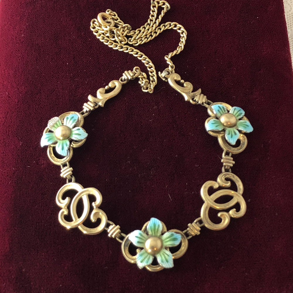 Vintage 1930s Enamel Flowers Gold Vermeil Necklace